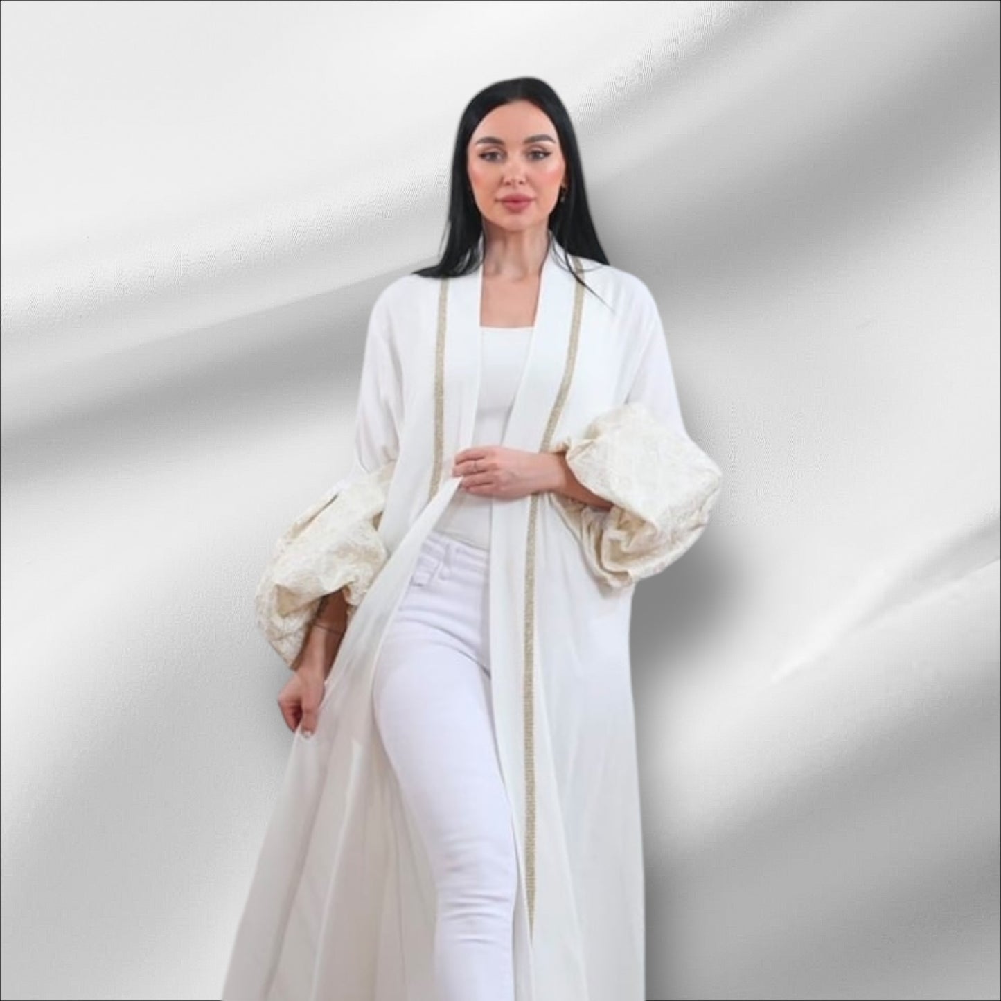 White and subtle gold puffy sleeved Abaya